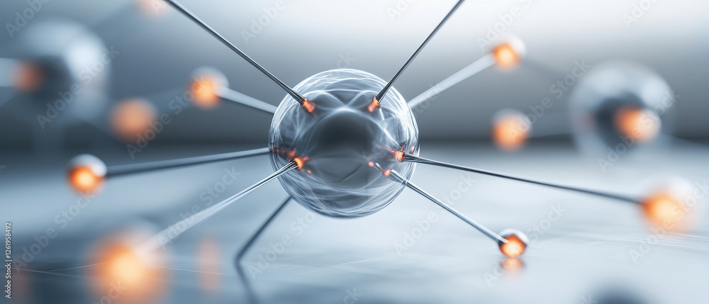 Poster quantum particles create chaotic yet harmonious arrangement, showcasing intricate connections and gl