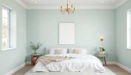 Romantic master bedroom with soft mint tones and a blank white a4 frames mockup hanging on the wall.