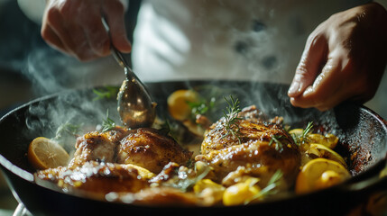 Chef hands keep wok with fire. Closeup chef hands cook food with fire.