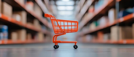 An empty orange shopping cart in a spacious warehouse aisle full of boxes.