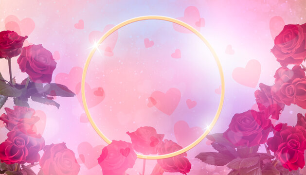 Valentine's Day card with round frame and roses bouquet on abstract pink background with heart shape bokeh and copy space, holiday photo template for Mother's day or birthday, banner with empty place.