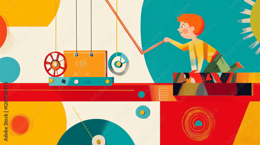 Poster a colorful diragram showing a simple machine like a pully and children is standing near.