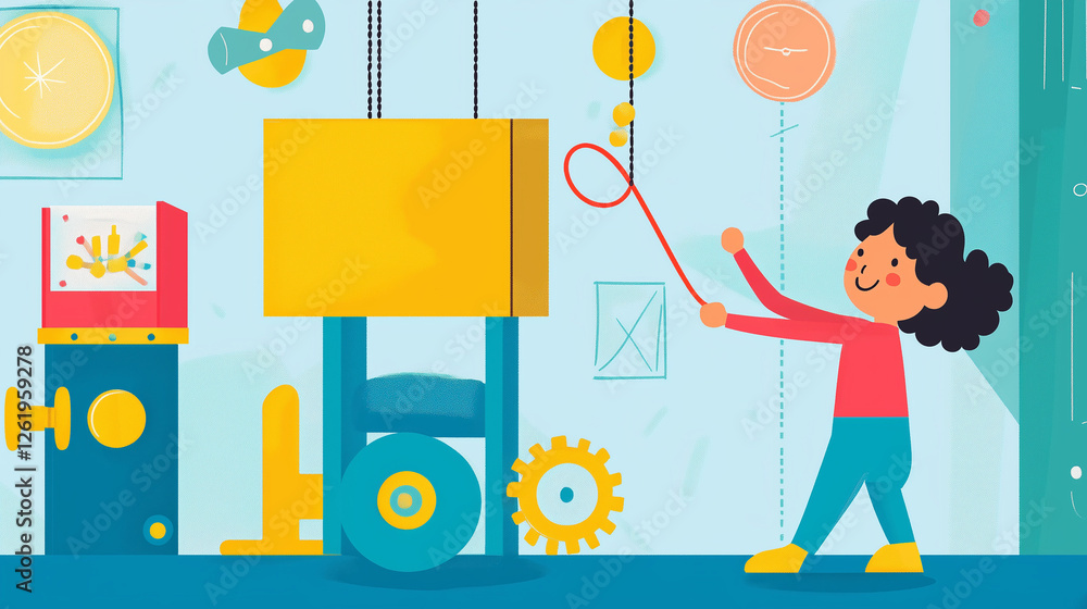 Poster a colorful diragram showing a simple machine like a pully and children is standing near.
