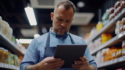 Fototapeta premium Man or woman Looking At ipad While Choosing Items In Supermarket