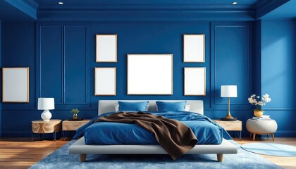 Regal master bedroom with royal blue tones and a blank white a4 frames mockup hanging on the wall.