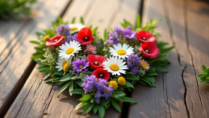 A heartfelt heart-shaped arrangement of wildflowers, creating a charming and romantic atmosphere for a spring celebration.