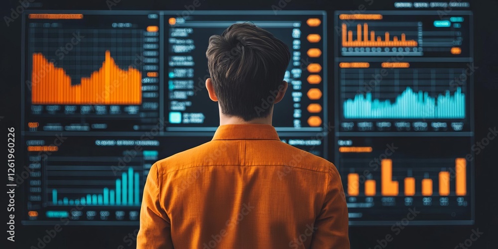 Poster a professional analyzing data on multiple screens in a modern office environment.