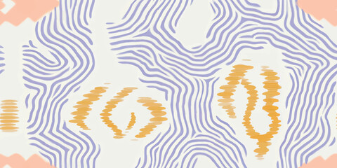 Abstract Vector Seamless Pattern with Blue and Orange Lines in Risograph Memphis Retro Graphic Style