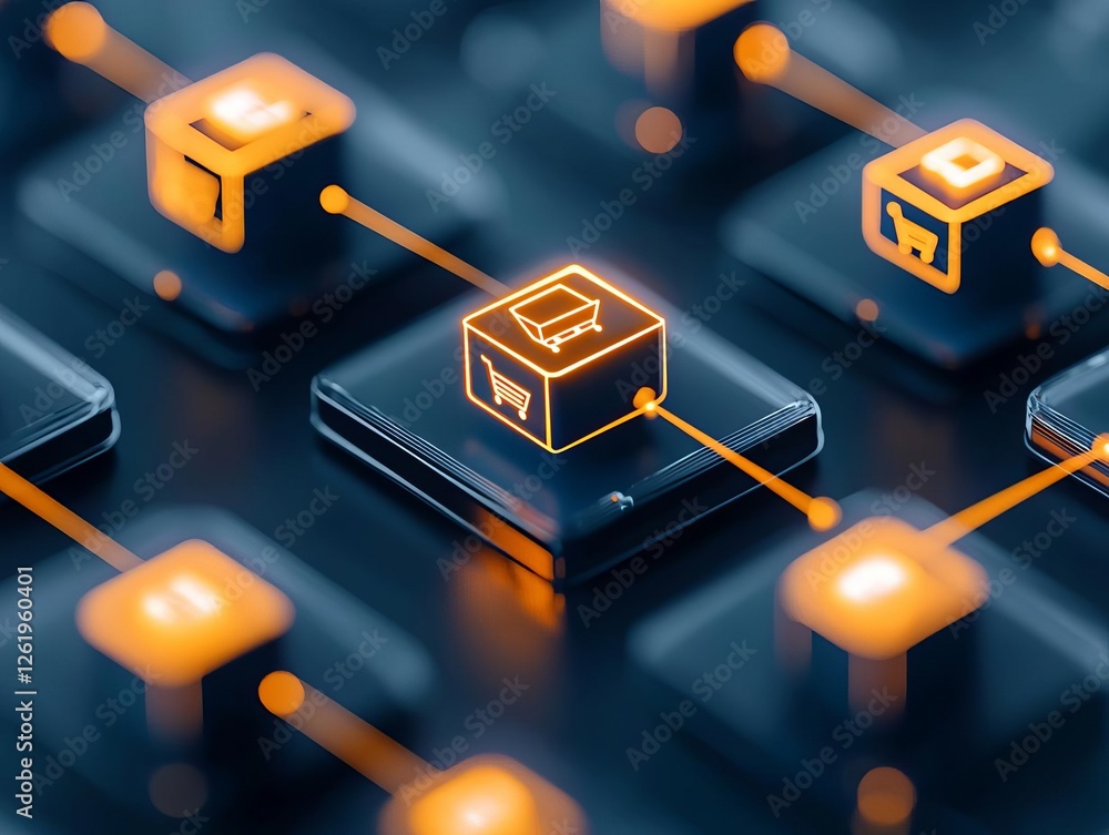 Aufkleber futuristic keyboard with glowing icons depicting digital concepts and commerce.