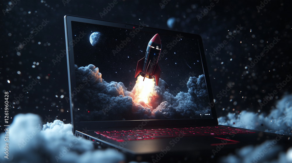 Poster a laptop with a rocket coming out from the screen. digital background and isolated on the space back
