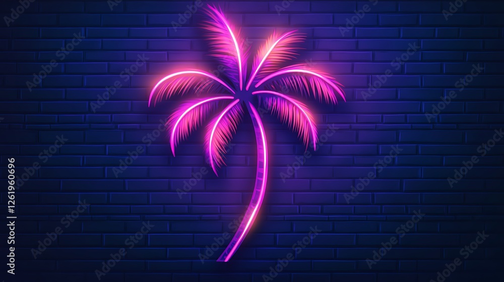 Canvas Prints Pink neon palm tree on a dark brick wall.