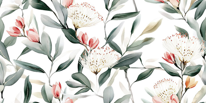 Australian flowers vector seamless repeating pattern of eucalyptus, proteas wattles leaves on a white background, Botanical print with soft pastel colors