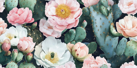 Watercolor Floral Cactus and Peonies Seamless Vector Pattern in Boho Style with Pink, Green, Blue, Gold, Black, and White Flowers © Eli Berr