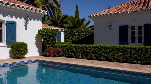 Sunny Mediterranean villa with pool, summer vacation getaway, tranquil retreat, and holiday relaxation