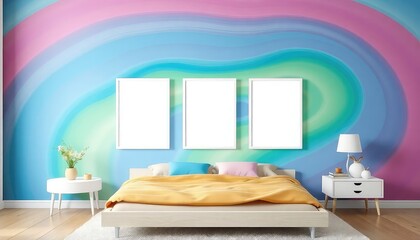 Playful master bedroom with rainbow waves and a blank white a4 frames mockup hanging on the wall.
