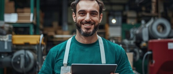 Fototapeta premium Smiling Man Holding Tablet in Industrial Factory Setting