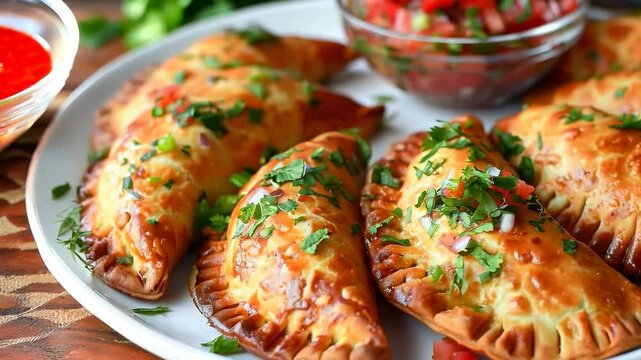 Golden-brown chebureks with a crispy crust served on a white plate, filled with savory meat, representing traditional Eastern European and Central Asian cuisine.