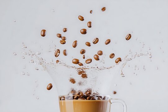 A clear, dynamic shot of coffee beans falling into a cup of coffee, creating a dramatic splash with droplets suspended in ultra HD on a white backdrop.