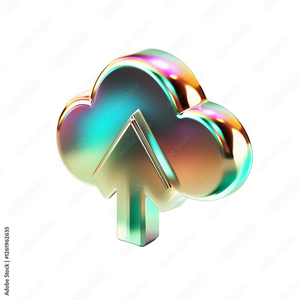 Aufkleber iridescent cloud upload icon 3d render of metallic cloud computing symbol