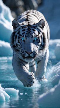 "Erstelle ein hyperrealistisches Bild eines majest&auml;tischen wei&szlig;en Tigers, der dynamisch neben einem eisblau leuchtenden Gletscherwasser l&auml;uft. Sein schneewei&szlig;es Fell bildet einen starken Kontrast