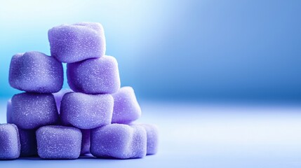 Stack of Purple Sugar Cubes on Blue Background
