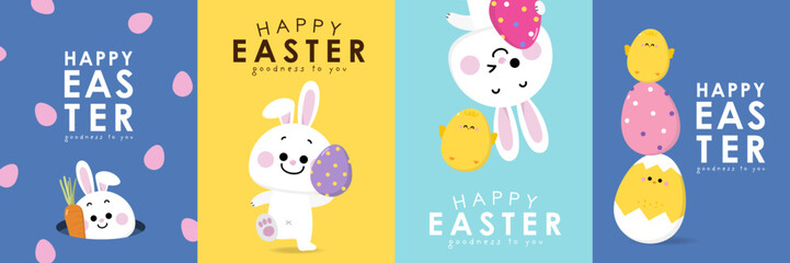 Happy Easter greeting card with cute yellow chick, colourful eggs, bunny and rabbit. Animal wildlife holiday cartoon character. -Vector.