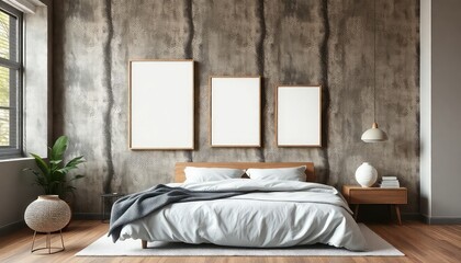 Natural master bedroom with bark textures and a blank white a4 frames mockup hanging on the wall.