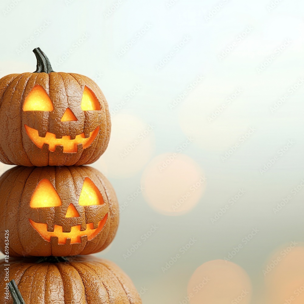 Poster stacked lighted jack-o'-lanterns on soft bokeh background