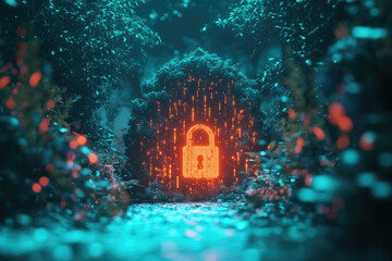 A glowing digital padlock surrounded by dynamic streams of binary code and a holographic security shield