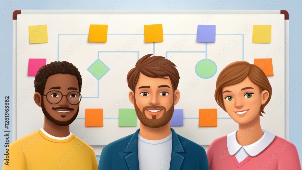 Poster a diverse team of three people stand in front of a flow chart board with colorful sticky notes, symb