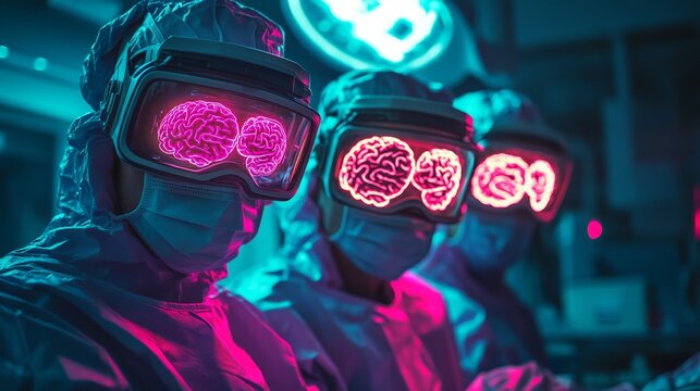 Surgeons conduct brain surgery with augmented reality and 3D animated brains in a high-tech, futuristic hospital