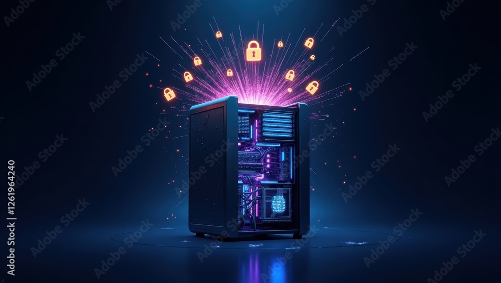 Poster cybersecurity technology illustrated with a computer case surrounded by animated lock symbols in a d