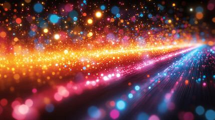 Fototapeta premium A vibrant, abstract representation of the future, showcasing a multiverse of evolving fractals, symbolizing digital technology, cybernetic advancements, and the chaos of future possibilities in a blur