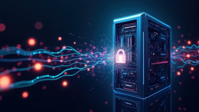 Cybersecurity server with digital lock illustrating data protection and network security in a technological environment