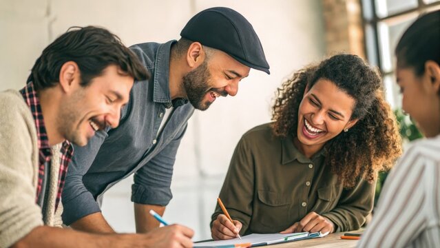 a diverse group of colleagues collaborating and sharing a moment of laughter in a bright workspace. They are gathered around a table, engaged in work and enjoying each other's company