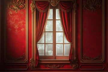 Ornate red window with golden frame and velvet drapes