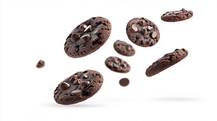 Collection of half chocolate chip cookies on white background, Chocolate Chip Cookie Closeup, Homemade Chocolate Chip Cookies Stacked Towe