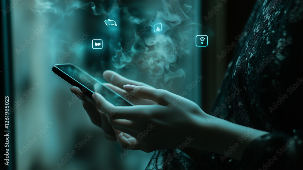 Poster a person holding an ipad with icons of social media and mobile app features floating above it, repre