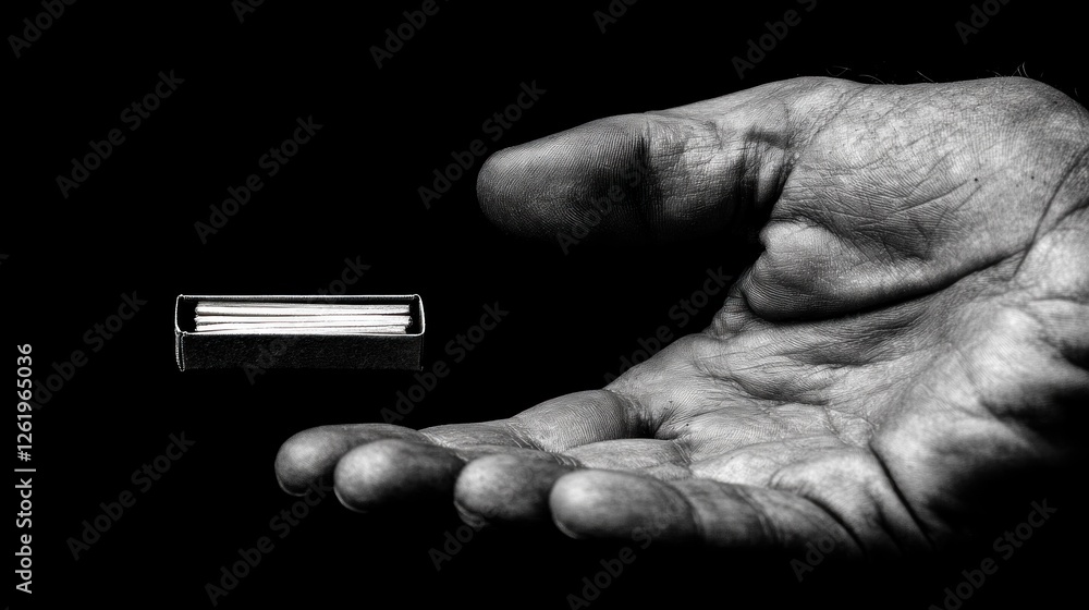 Aufkleber a hand extends towards a floating matchbox, emphasizing contrast and simplicity in black and white.