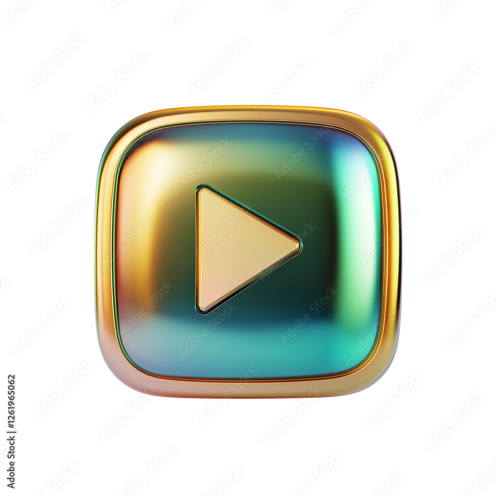 Poster iridescent gold play button icon 3d render of a shiny colorful media player symbol