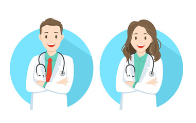 Young Male and Female Doctors smiling, Medical Workers Flat Vector Illustration