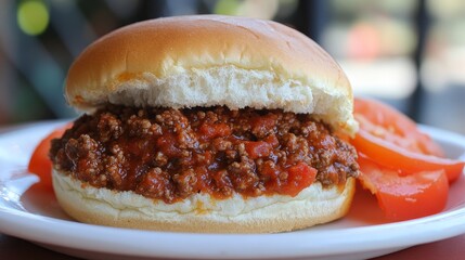 A close-up of a sloppy joe sandwich served with tomato slices on a plate.