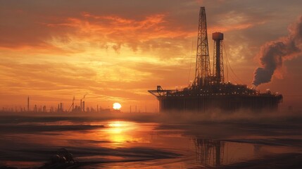 Industrial Dawn, Oil Rig Silhouetted Against a Fiery Sunrise Landscape