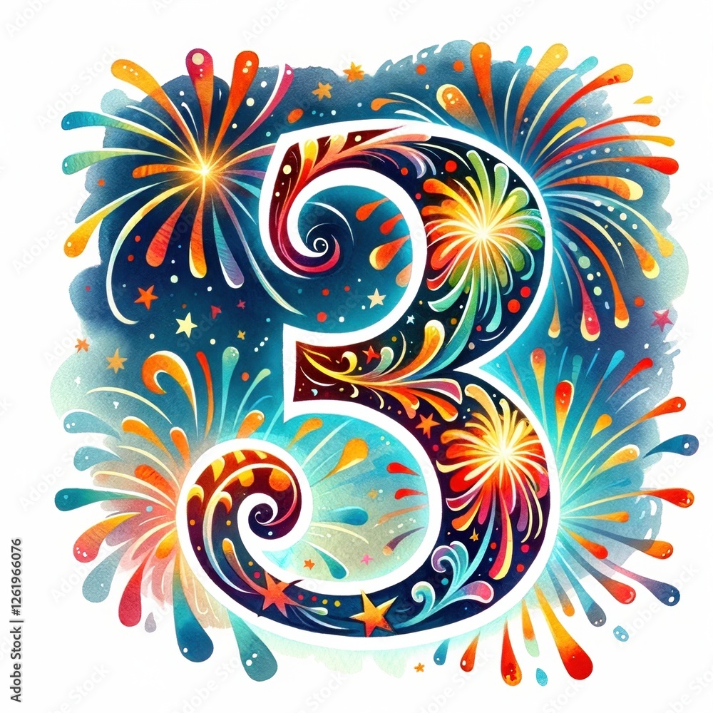 Aufkleber number three celebratory fireworks: a vibrant and festive illustration featuring the number three, a