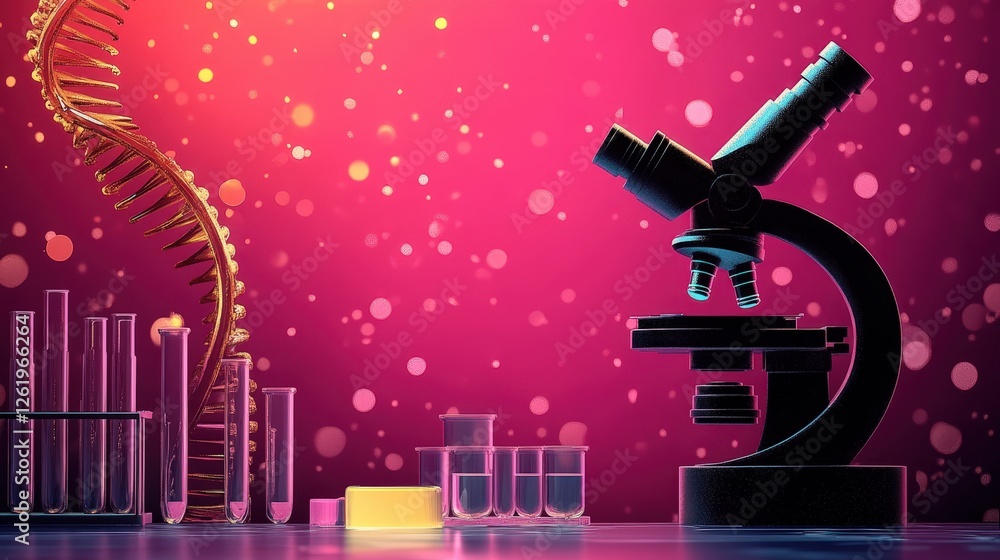 Poster colorful science lab setup featuring test tubes and microscope