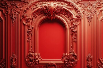 Obraz premium Ornate red arched paneling features intricate carvings and designs