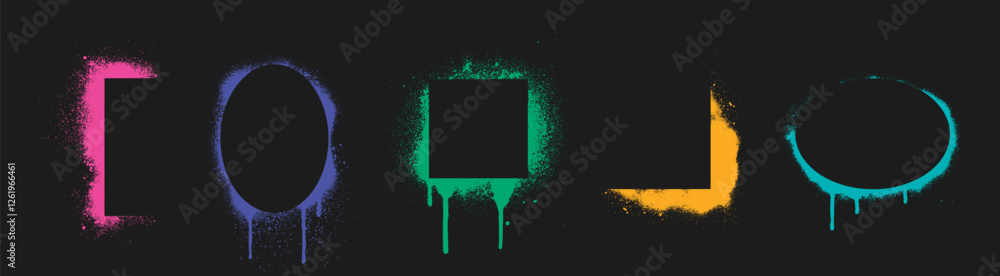 Poster graffiti stencil frames with neon spray effect - geometric shapes of rectangle, square and circle bo