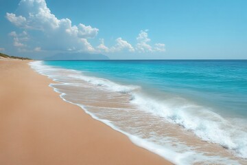 Obraz premium Turquoise sea gently washing golden sand on sunny beach