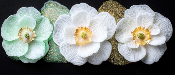 Three Delicate White and Green Flowers on Gold Glitter Background