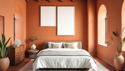 Mediterranean master bedroom with terracotta hues and a blank white a4 frames mockup hanging on the wall.
